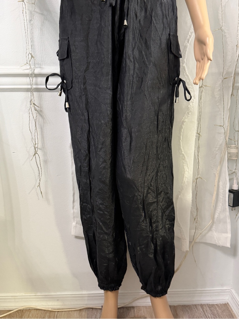 Black Jumpsuit Romper with Tie Waist - Picture 3 of 11